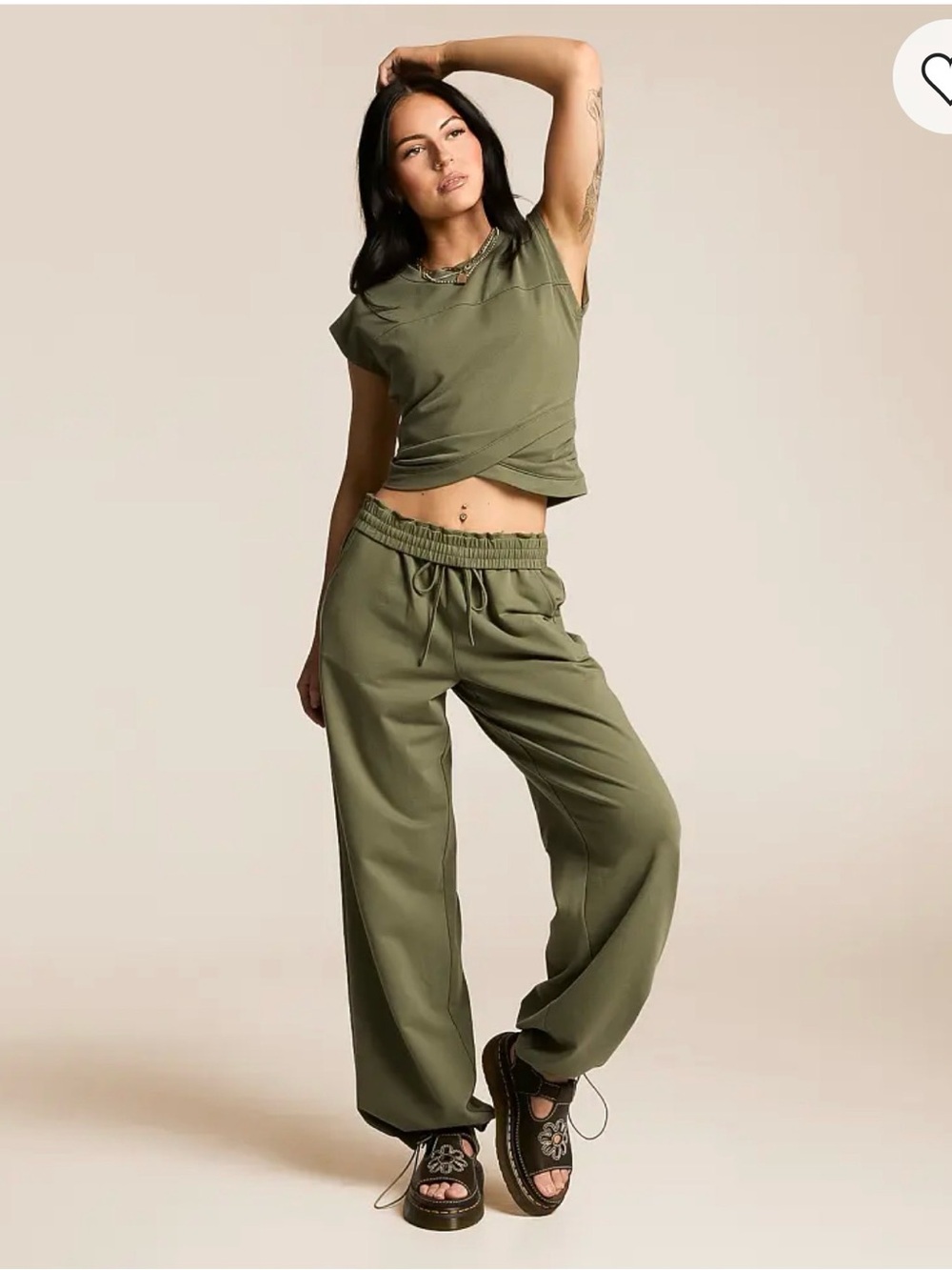 Olive Green Wide-Leg Drawstring Pant Set— Women